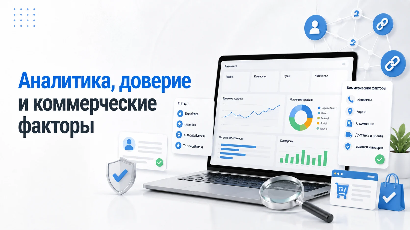 Инфографика об аналитике, коммерческих факторах, E-E-A-T и ссылках