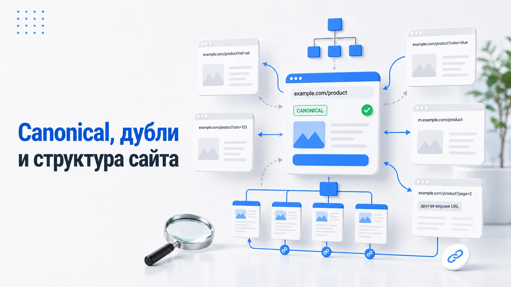 Инфографика о canonical, дублях страниц, структуре сайта и внутренней перелинковке