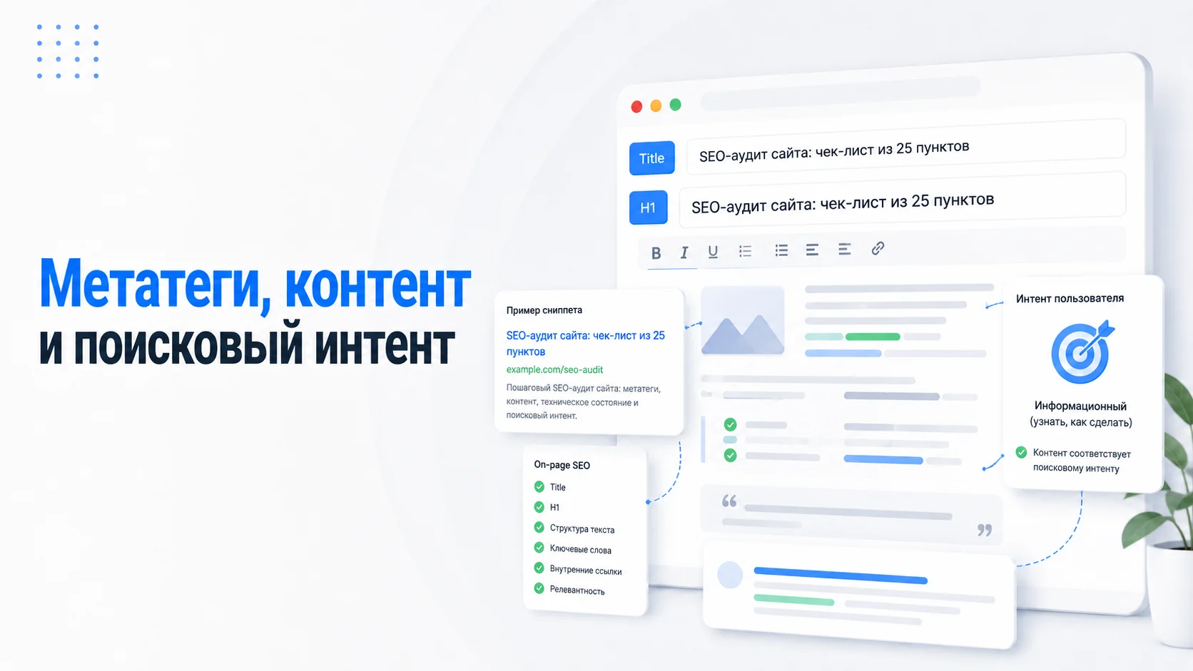 Инфографика о метатегах, заголовках, контенте и поисковом интенте