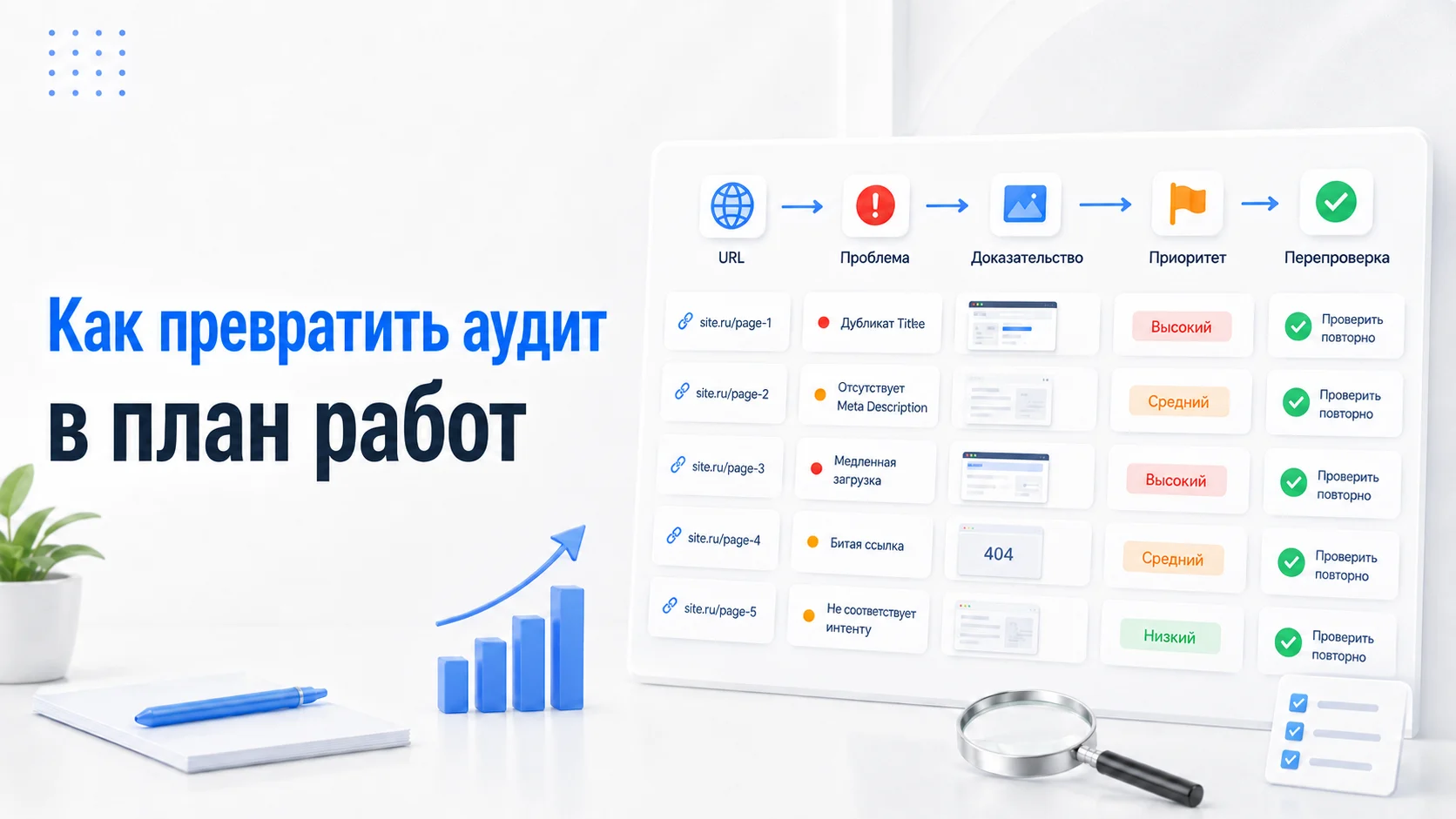 Инфографика о превращении SEO-аудита в план работ по приоритетам