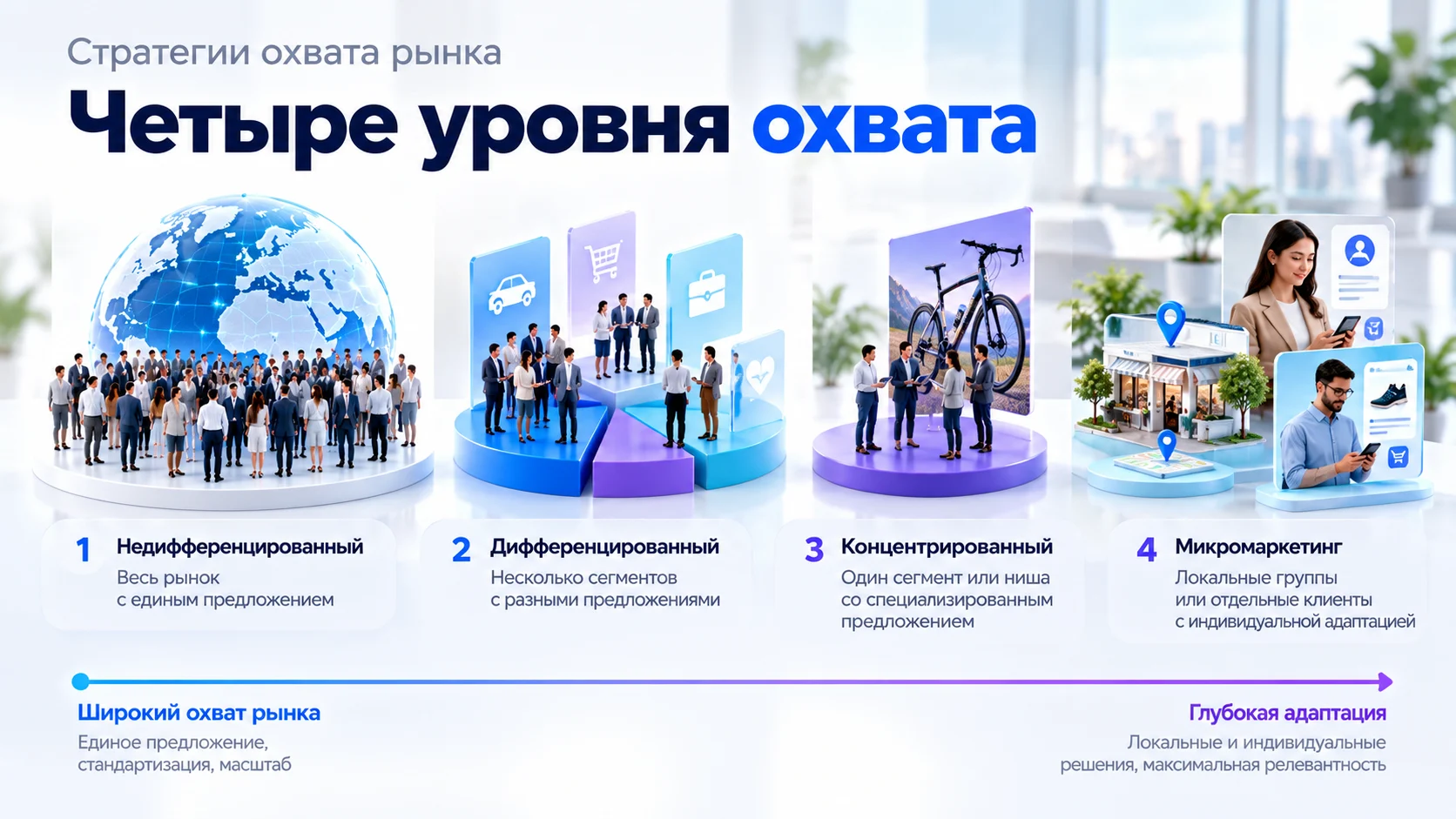 Четыре стратегии охвата рынка: массовая, дифференцированная, концентрированная и микромаркетинг