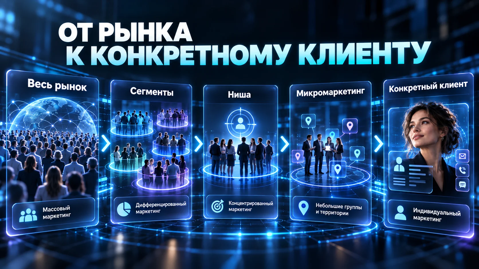 Схема перехода от массового рынка и сегментов к индивидуальному маркетингу