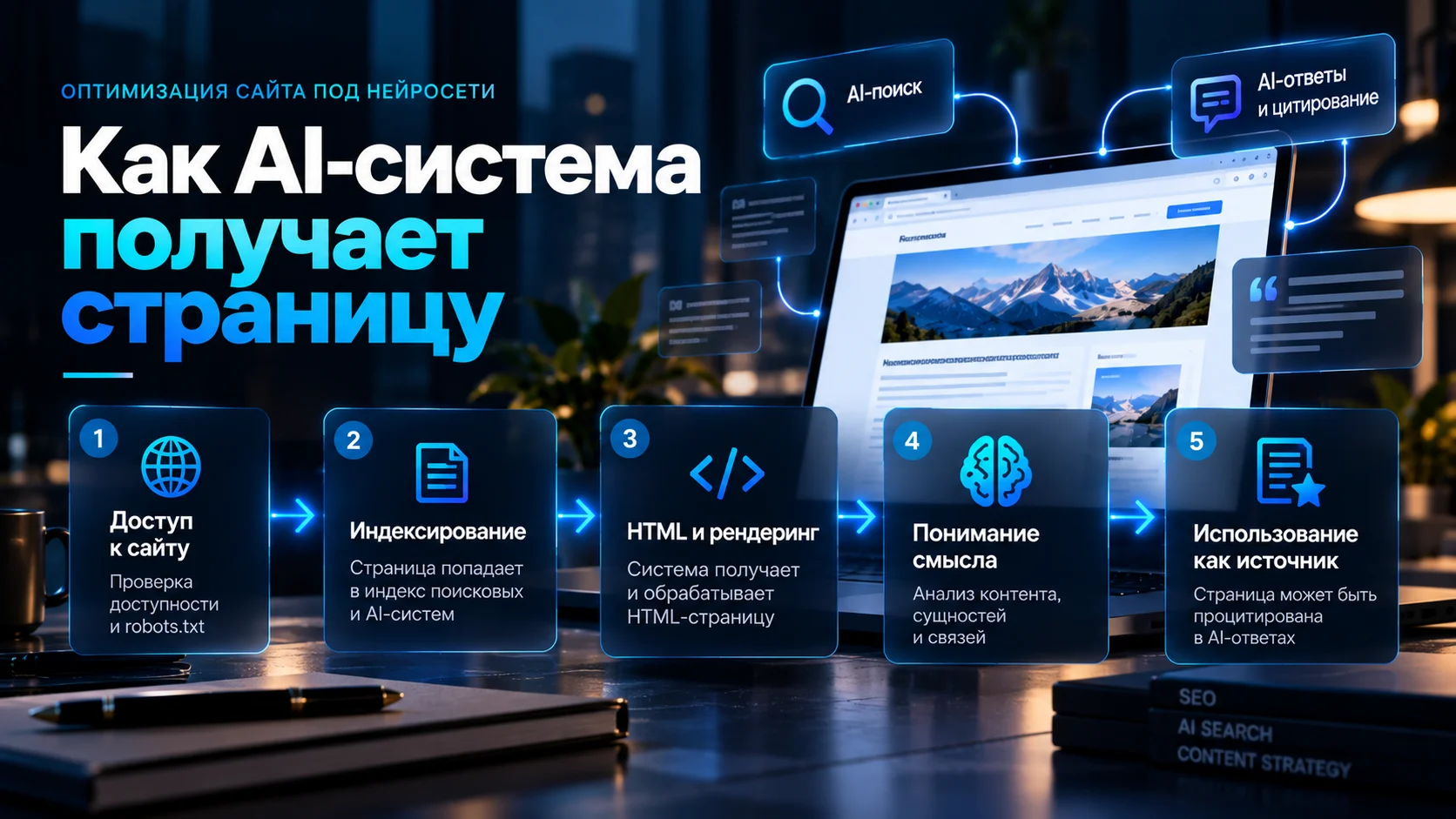Схема получения и обработки страницы поисковыми и AI-системами
