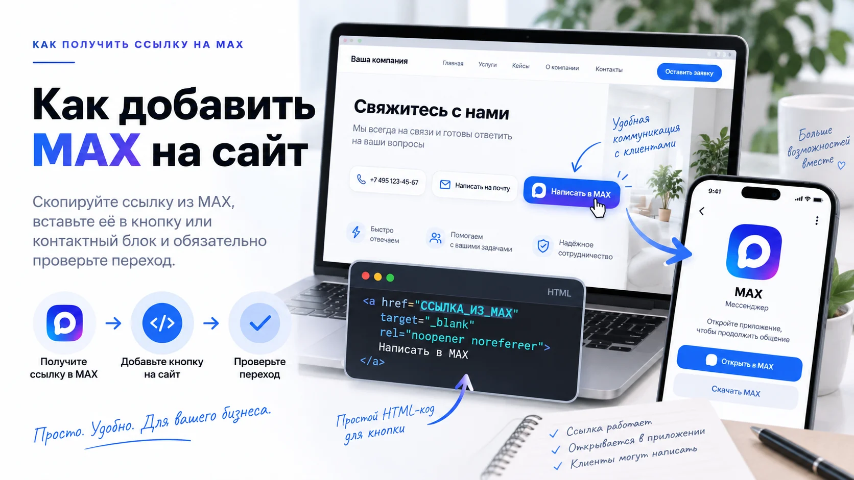 Кнопка Написать в MAX и ссылка MAX на сайте