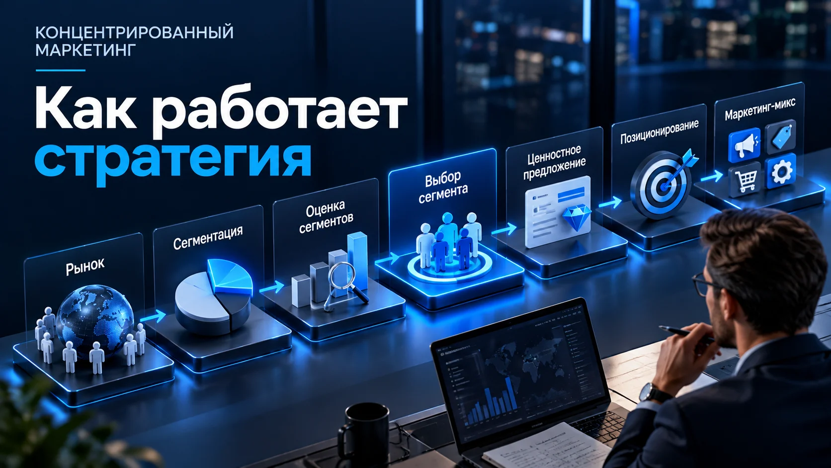 Схема концентрированной маркетинговой стратегии от сегментации до позиционирования