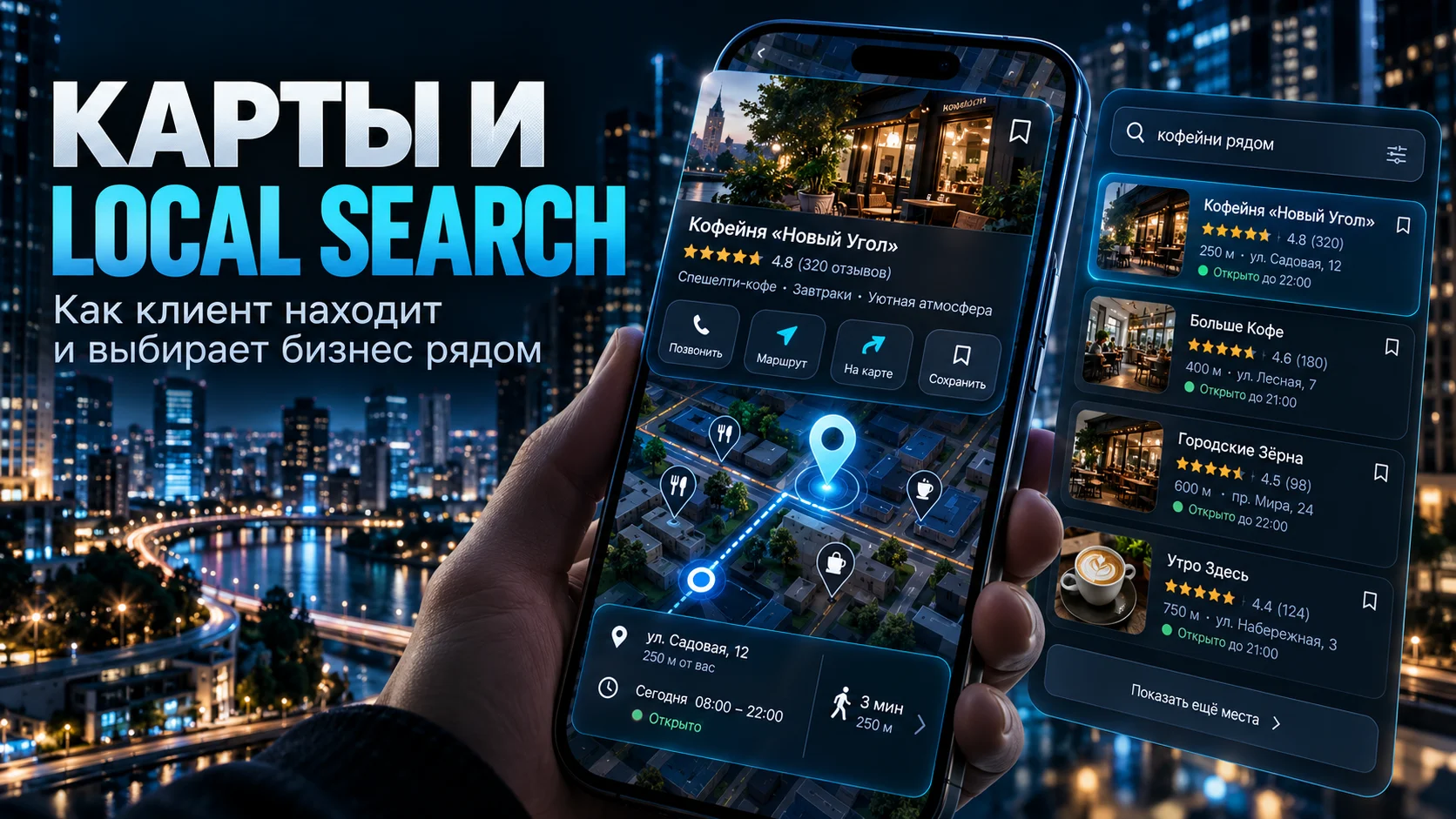 Карточка локального бизнеса в картах с отзывами, маршрутом и контактами