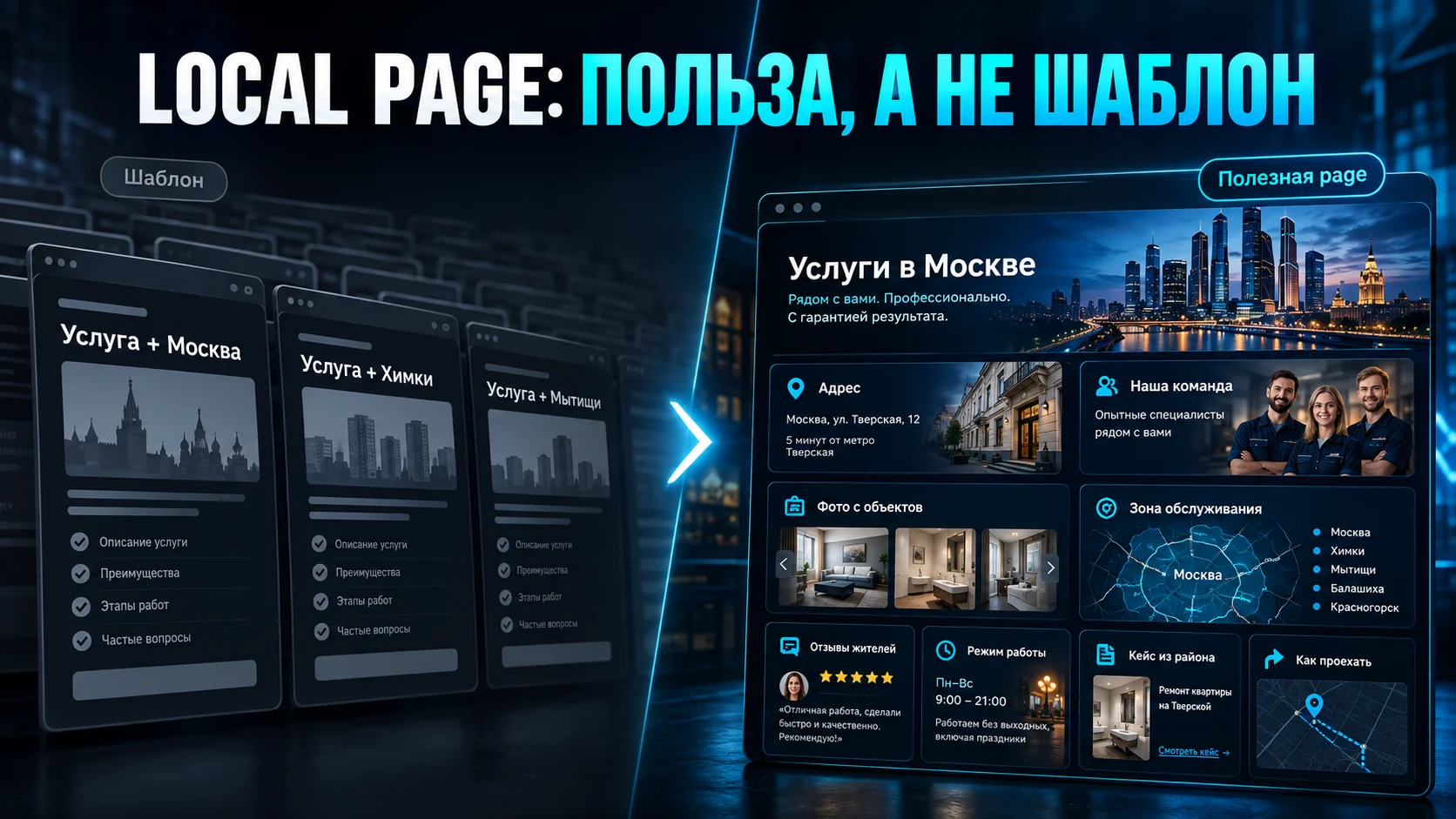Сравнение шаблонных страниц услуга плюс город и полезной локальной посадочной страницы