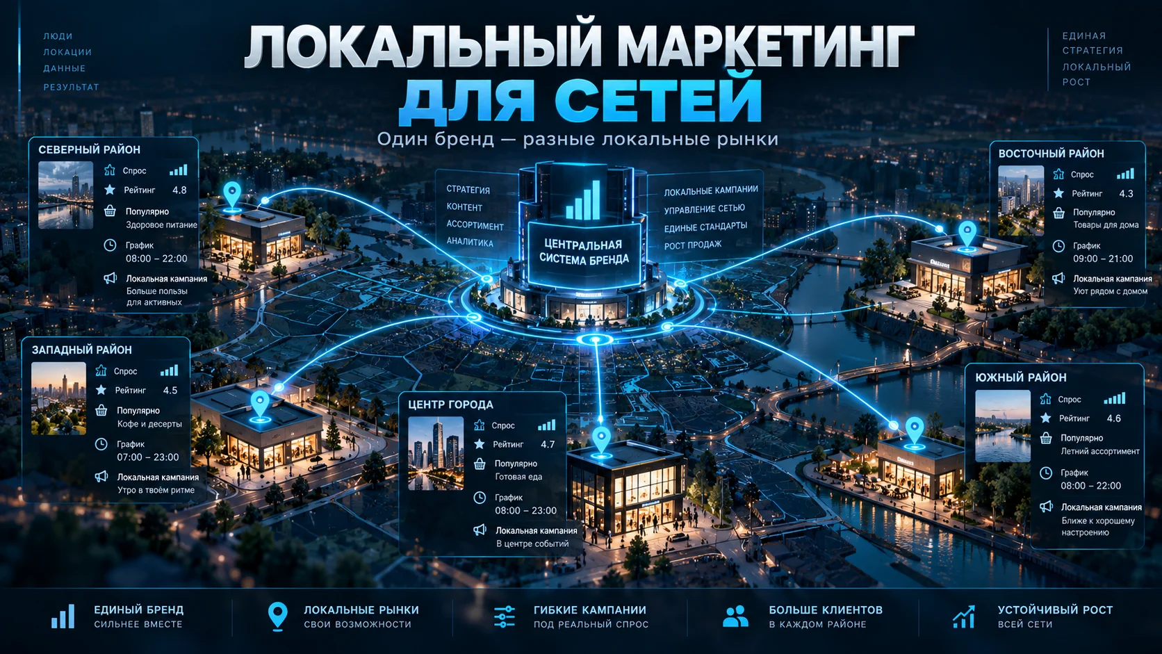 Сеть филиалов с разным локальным спросом, рекламой и клиентским поведением