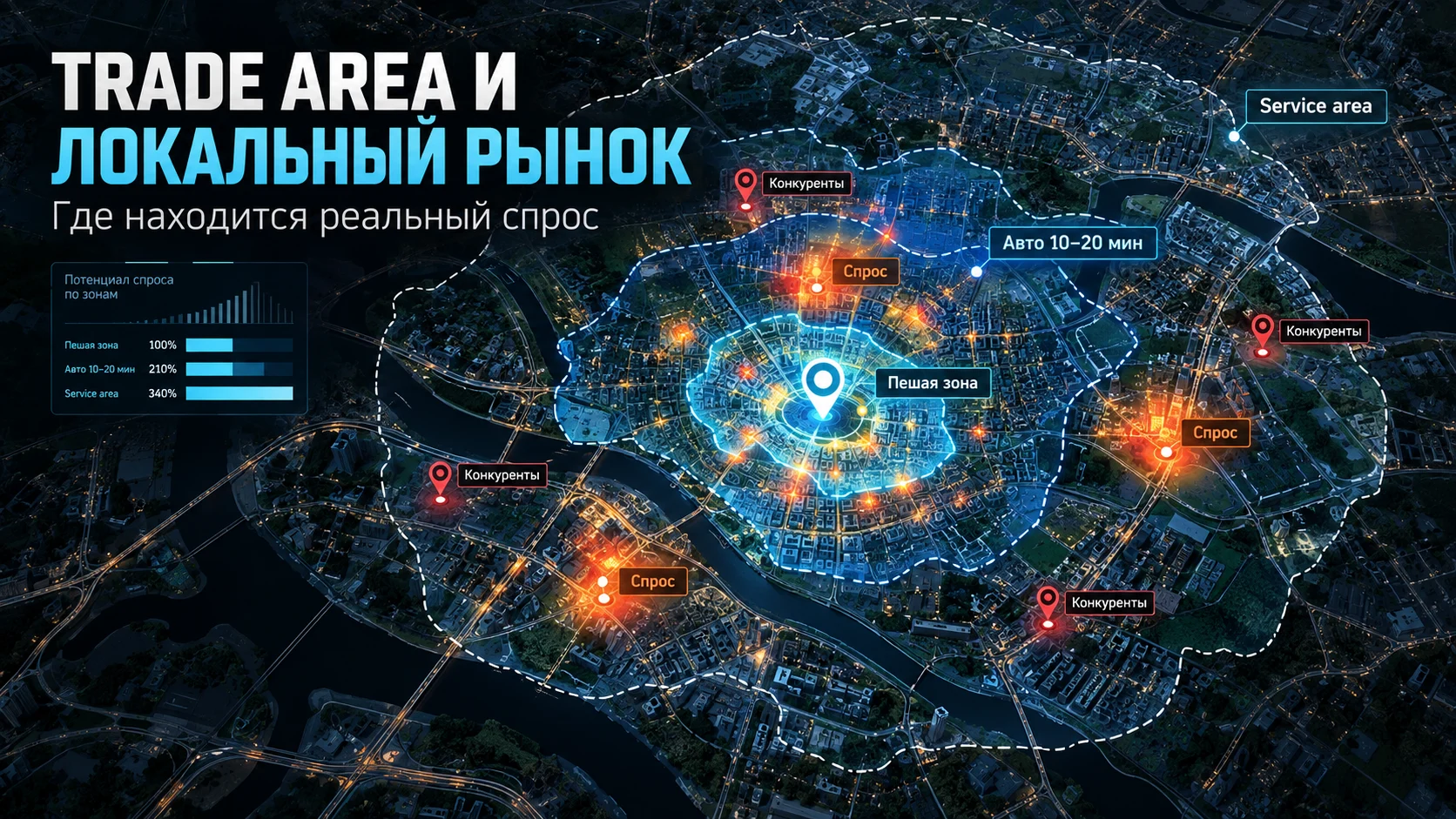 Карта торговой зоны бизнеса с локальным спросом и конкурентами