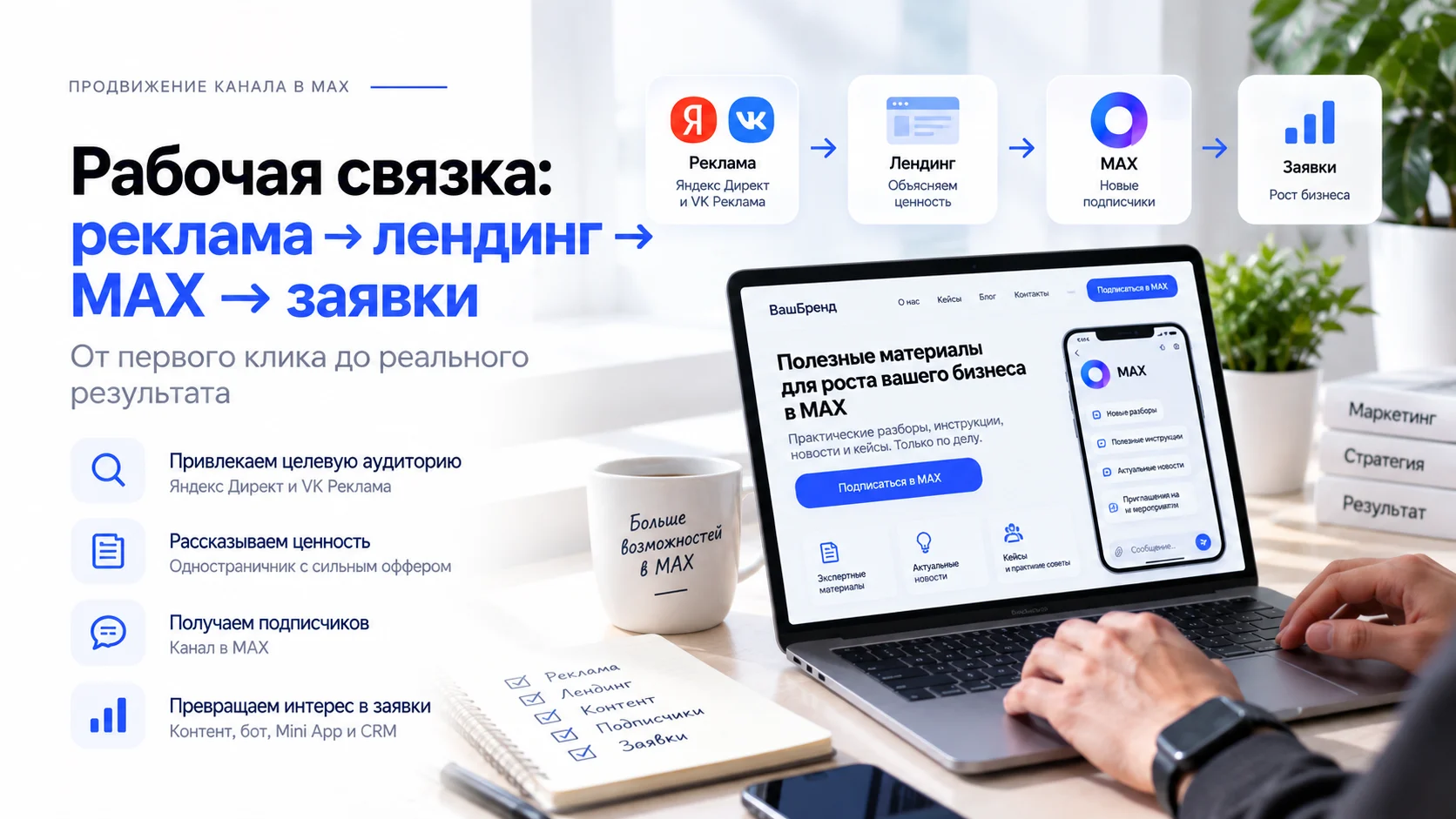 Воронка реклама — лендинг — канал MAX — заявка