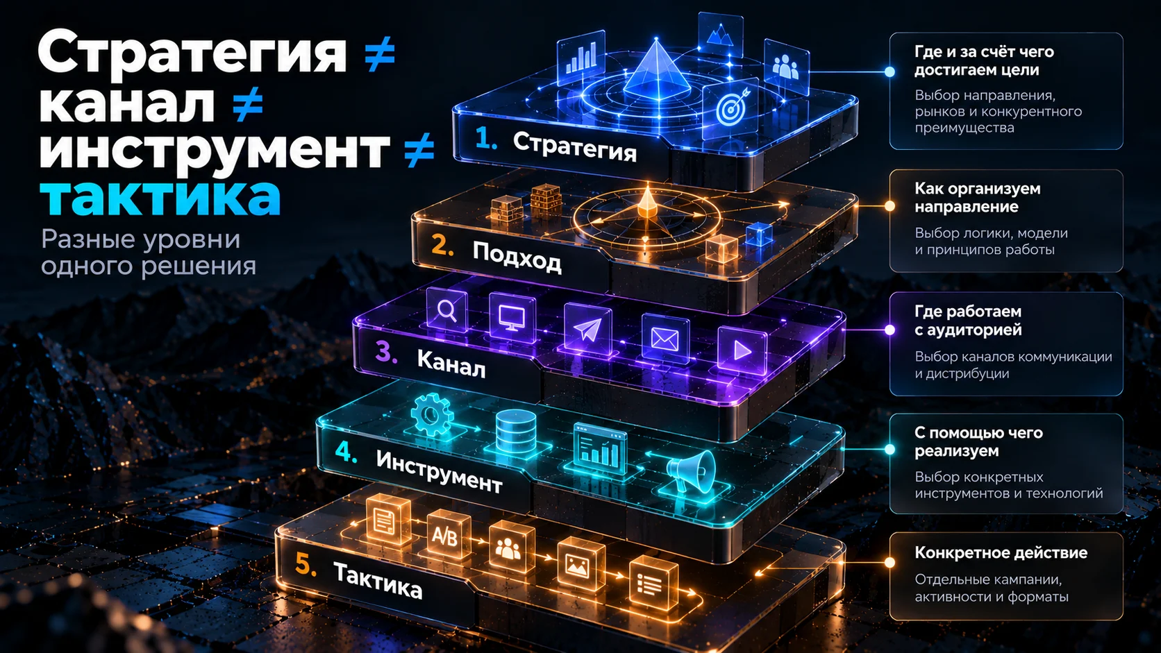 Различия между стратегией, подходом, каналом, инструментом и тактикой