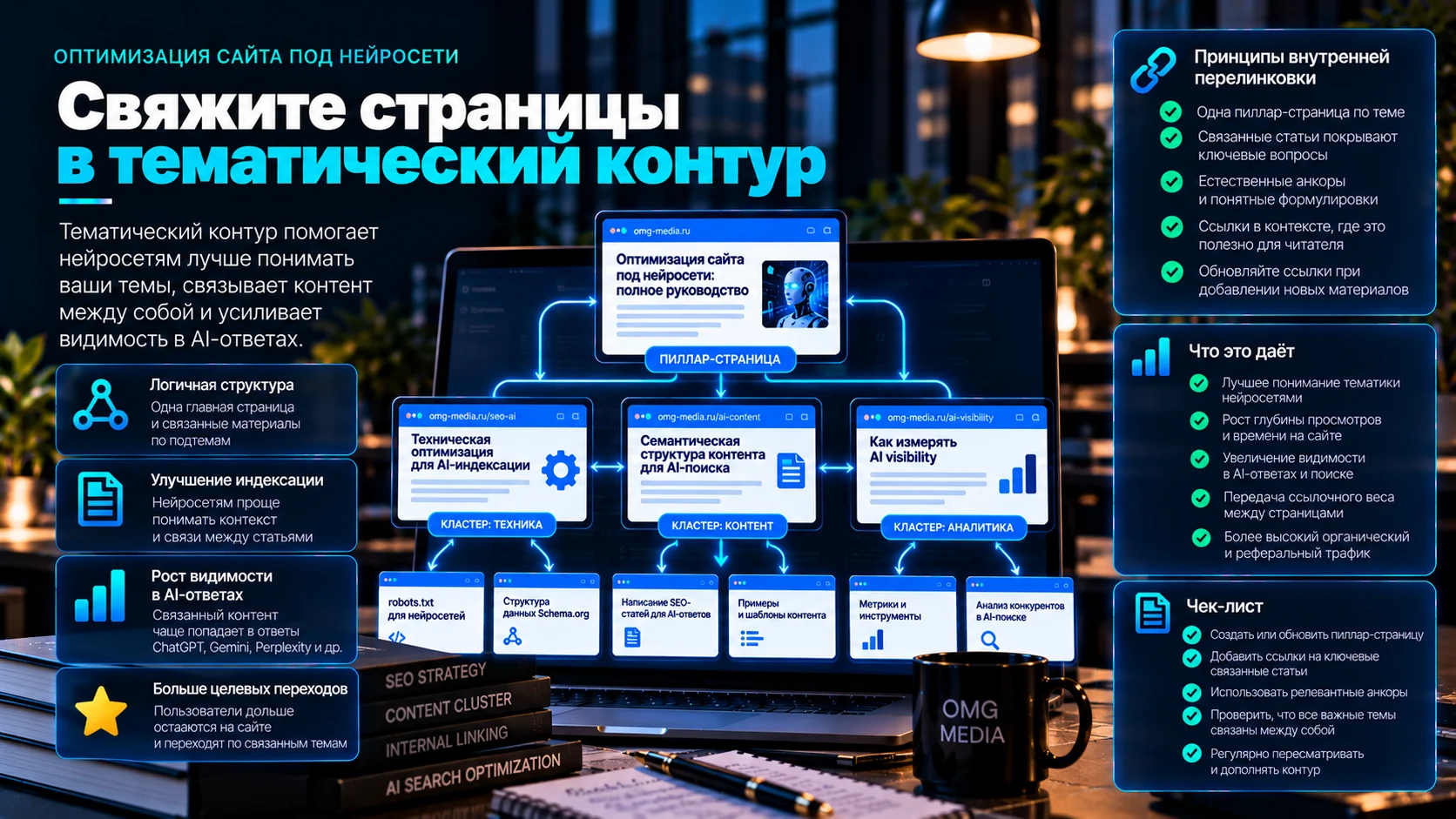 Тематический контур сайта с пиллар-страницей, кластерами и внутренними ссылками