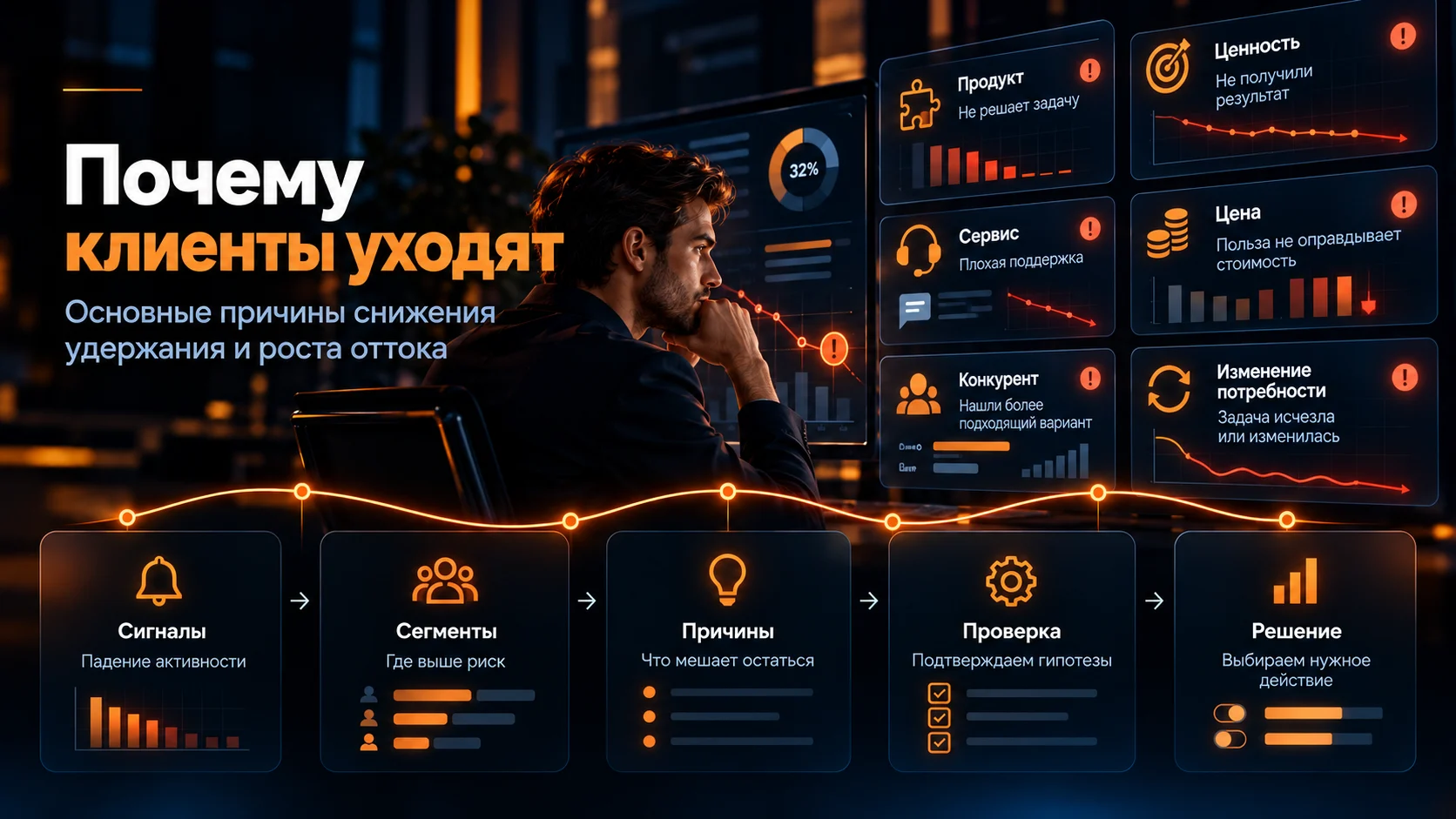 Основные причины ухода клиентов: продукт, ценность, сервис, цена, конкурент и изменение потребности