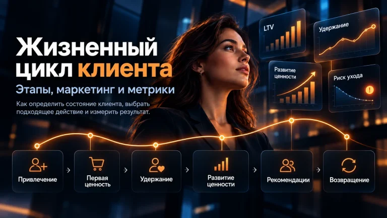Жизненный цикл клиента: привлечение, первая ценность, удержание, развитие ценности, рекомендации и возвращение